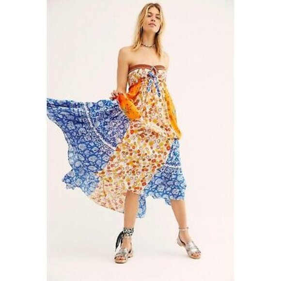 Free People Golden Dreams mixed print Strapless Ruffle Maxi Dress Size Medium - Picture 6 of 12
